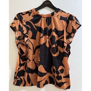 Nine West XL Rust Black Floral Print Blouse Keyhole Flutter Sleeve Top